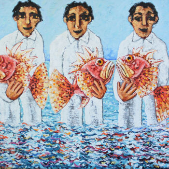 绘画 标题为“Pescadores y peces…” 由Albert Cruells, 原创艺术品, 油 安装在木质担架架上