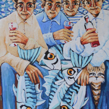绘画 标题为“Pescadores, vino y…” 由Albert Cruells, 原创艺术品, 油 安装在木质担架架上