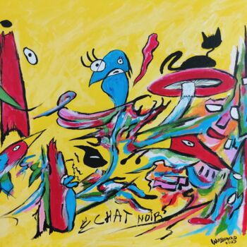 Peinture intitulée "Chat Noir ciel jaune" par Wabyanko, Œuvre d'art originale, Acrylique Monté sur Châssis en bois