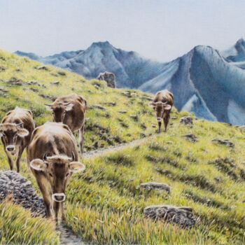 Malerei mit dem Titel "Bei den blauen Berg…" von Ronald Firla, Original-Kunstwerk, Conté-Buntstifte