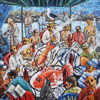 Pittura intitolato "Fiesta de la pesca…" da Albert Cruells, Opera d'arte originale, Olio Montato su Telaio per barella in le…