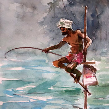Peinture intitulée "Stilt Fisher" par Thejana Roshan Kumara, Œuvre d'art originale, Aquarelle