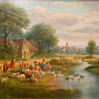 绘画 标题为“Bayerische Dorfszene” 由Herbert Duttler, 原创艺术品, 油 安装在木板上