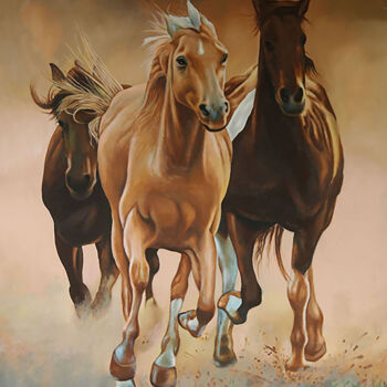 Malerei mit dem Titel "Stallions" von Malinga Kumarasinghe, Original-Kunstwerk, Acryl Auf Keilrahmen aus Holz montiert