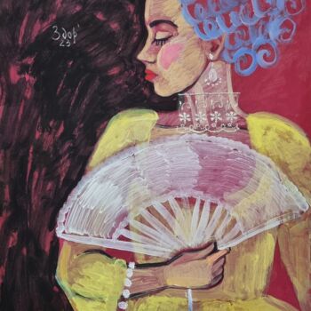 Schilderij getiteld "Girl with a fan" door Liuba Zdor, Origineel Kunstwerk, Acryl