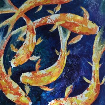 绘画 标题为“Koi in a Pond” 由Malinga Kumarasinghe, 原创艺术品, 丙烯 安装在木质担架架上