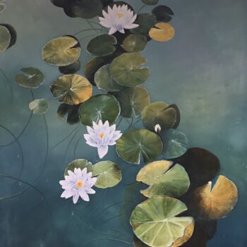 Painting titled "Blooms in a Pond" by Malinga Kumarasinghe, Original Artwork, Acrylic Mounted on Wood Stretcher frame