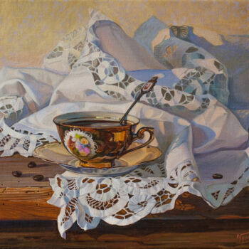 Painting titled "Чашечка кофе" by Tschumakov Sergey, Original Artwork, Oil Mounted on Wood Stretcher frame