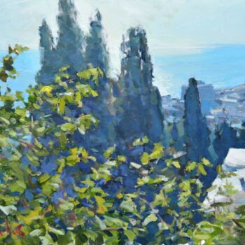 Pittura intitolato "cypresses under the…" da Dmitrii Pashkov, Opera d'arte originale, Olio