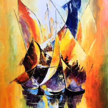 Painting titled "Still Water Sailboa…" by Malinga Kumarasinghe, Original Artwork, Acrylic Mounted on Wood Stretcher frame
