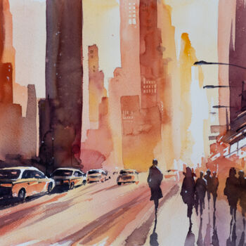 Peinture intitulée ""Metropolis in Gold…" par Yuriy Kraft, Œuvre d'art originale, Aquarelle