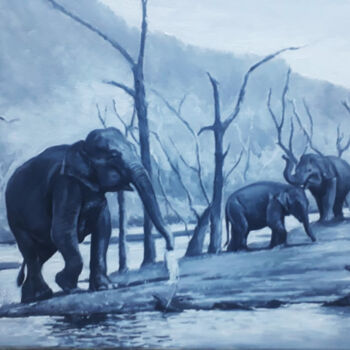 Pintura titulada "Elephants at Play" por Nilantha Vidanarachchi, Obra de arte original, Acrílico Montado en Bastidor de cami…