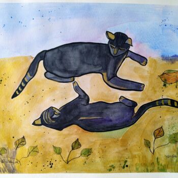Painting titled "two cats" by Janna Shulrufer, Original Artwork, Watercolor