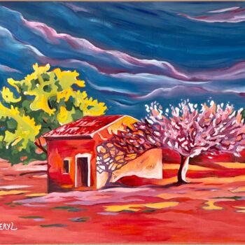 Peinture intitulée "L'amandier près de…" par Meryl, Œuvre d'art originale, Huile Monté sur Châssis en bois