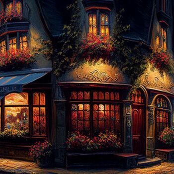 Digitale Kunst mit dem Titel "Romantisches Cafe i…" von Kenny Landis, Original-Kunstwerk, KI-generiertes Bild