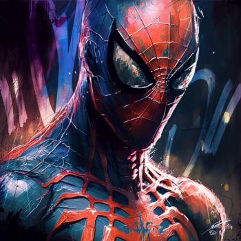 Digital Arts titled "Spiderman V2" by Frédéric Font (Chroma), Original Artwork, Digital Painting Mounted on Wood Stretcher f…