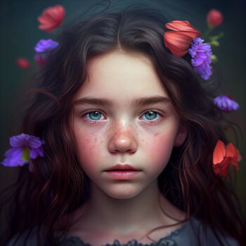 Digitale Kunst mit dem Titel "Girl with Flowers" von Kenny Landis, Original-Kunstwerk, KI-generiertes Bild