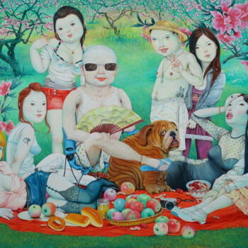 Painting titled "春暖桃花朵朵香" by Zhang Kai Xi, Original Artwork, Oil Mounted on Wood Stretcher frame