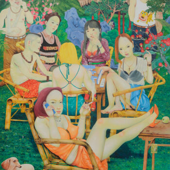 Painting titled "东方升起红太阳" by Zhang Kai Xi, Original Artwork, Oil Mounted on Wood Stretcher frame