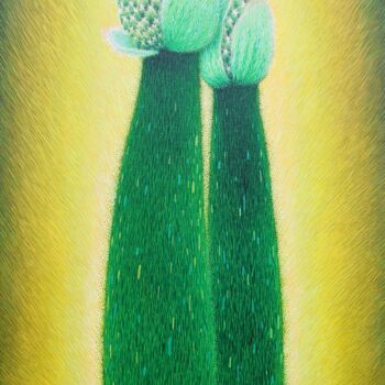 Painting titled "两支大葱花" by Zhang Kai Xi, Original Artwork, Oil Mounted on Wood Stretcher frame