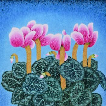 Painting titled "一丛仙客来" by Zhang Kai Xi, Original Artwork, Oil Mounted on Wood Stretcher frame