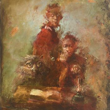 Painting titled "Owl tales" by Sergii Shkoliar, Original Artwork, Oil Mounted on Wood Stretcher frame