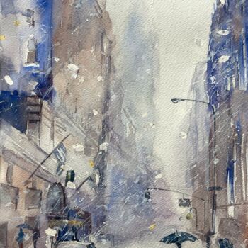 Painting titled "Snowstorm in New Yo…" by Liliya Khomyakova (Artelida), Original Artwork, Watercolor