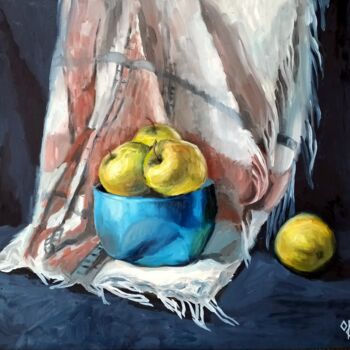 Painting titled "Apples on Afringed…" by Olena Kucher, Original Artwork, Oil Mounted on Wood Stretcher frame