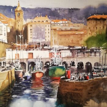 Painting titled "Puerto Donostiarra" by Javier Espigares, Original Artwork, Watercolor