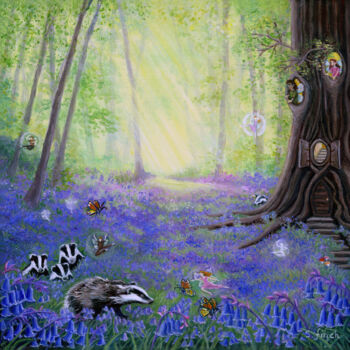 Schilderij getiteld "Spring Bluebell Fai…" door Sonia Finch, Origineel Kunstwerk, Olie Gemonteerd op Frame voor houten branc…