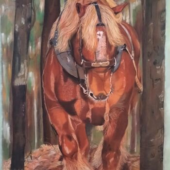 Drawing titled "Débardage" by Anne Degremont, Original Artwork, Pastel Mounted on Glass