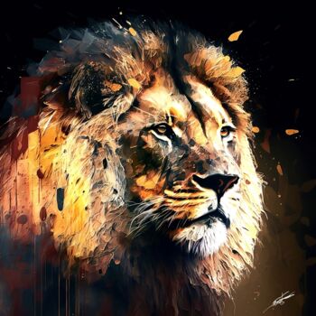 제목이 "Lion V2"인 디지털 아트 Frédéric Font (Chroma)로, 원작, 디지털 페인팅 나무 들것 프레임에 장착됨