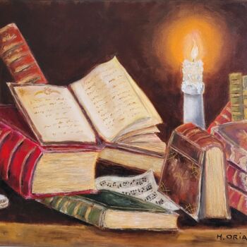 Painting titled "Les Livres de la co…" by H. Oriaut, Original Artwork, Oil Mounted on Wood Stretcher frame