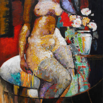 Painting titled "Nude figure(90x60cm…" by Serkhach, Original Artwork, Oil Mounted on Wood Stretcher frame