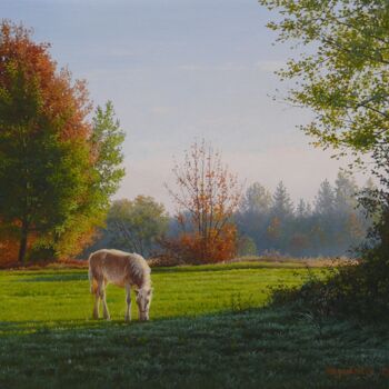 Painting titled "Horse on pasture" by Emil Mlynarcik, Original Artwork, Oil Mounted on Wood Stretcher frame