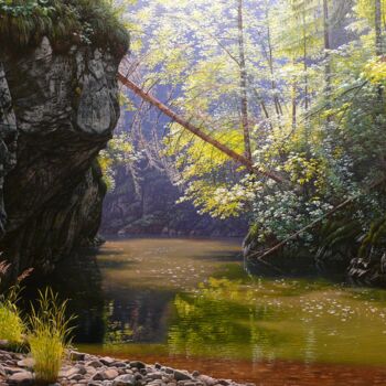 Painting titled "Sunny day by the mo…" by Emil Mlynarcik, Original Artwork, Oil Mounted on Wood Stretcher frame