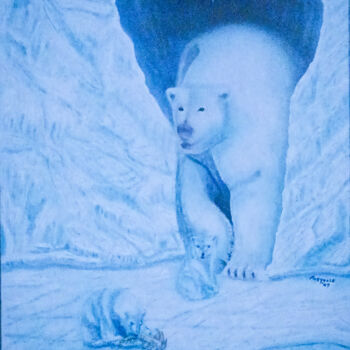 Painting titled "Polar Bears" by Pasquale Desantis, Original Artwork, Oil Mounted on Wood Stretcher frame