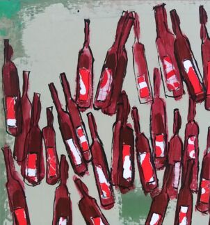 Painting titled "BOUTEILLES DE ROUGE…" by Germain Henneka, Original Artwork, Acrylic Mounted on Cardboard