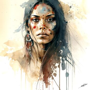 Digital Arts titled "La femme sioux" by Frédéric Font (Chroma), Original Artwork, Digital Painting Mounted on Wood Stretcher…
