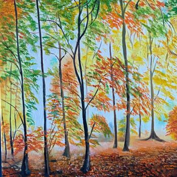 Painting titled "Forêt en printemps" by Tahira Quliyeva, Original Artwork, Oil Mounted on Wood Stretcher frame