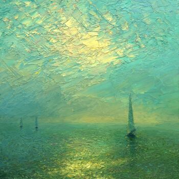 Ζωγραφική με τίτλο "Evening sea 3" από Dmitry Oleyn, Αυθεντικά έργα τέχνης, Λάδι Τοποθετήθηκε στο Ξύλινο φορείο σκελετό