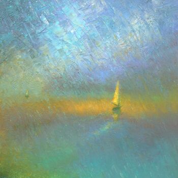 Schilderij getiteld "Beach rain 2" door Dmitry Oleyn, Origineel Kunstwerk, Olie Gemonteerd op Frame voor houten brancard