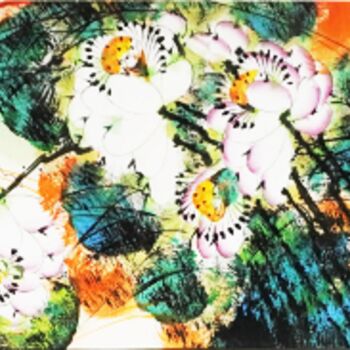 Malerei mit dem Titel "Fun in the lotus po…" von Dayou Lu, Original-Kunstwerk, Pigmente