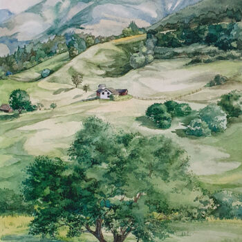 Картина под названием "A green tree on a m…" - Svitlana Natarova, Подлинное произведение искусства, Акварель