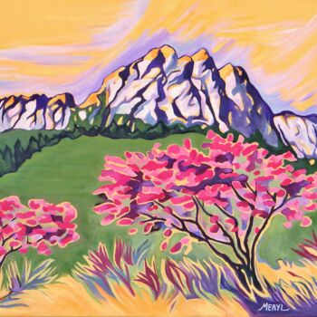 Peinture intitulée "Arbres de Judée au…" par Meryl, Œuvre d'art originale, Huile Monté sur Châssis en bois