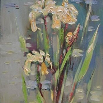 「Yellow irises」というタイトルの絵画 Oksana Veberによって, オリジナルのアートワーク, オイル ウッドストレッチャーフレームにマウント