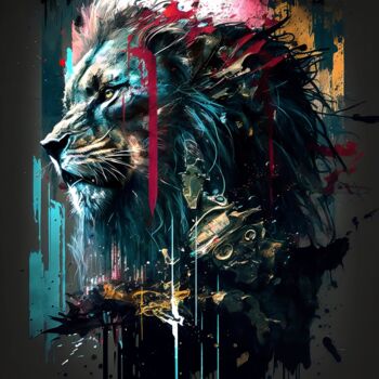 제목이 "Le lion en pleine s…"인 디지털 아트 Frédéric Font (Chroma)로, 원작, 디지털 페인팅 나무 들것 프레임에 장착됨