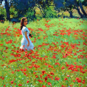 Pittura intitolato "a girl in a clearing" da Dmitrii Pashkov, Opera d'arte originale, Olio