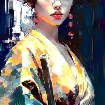 Digital Arts titled "La geisha en kimono" by Frédéric Font (Chroma), Original Artwork, Digital Painting Mounted on Wood Stre…