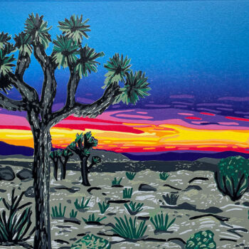 Incisioni, stampe intitolato "Joshua Sunset" da Kirstie Dedman, Opera d'arte originale, Incisioni su linoleum